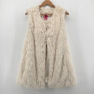 Betsey Johnson Women XL Cream Shaggy Faux Fur Vest Sleeveless Pocketed
